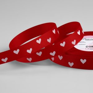 Лента репсовая, "Сердечки на красном", 1,5 см., 25 м.