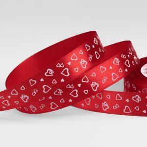 Лента атласная 1,5 см., 25 м., красная, «Сердца»