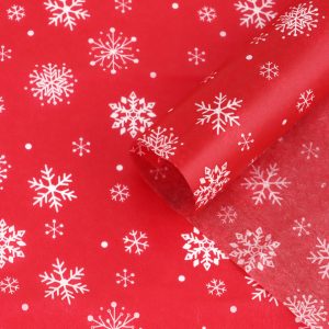 Бумага новогодняя упаковочная тишью «Снежинки на красном», красная, 50×66 см