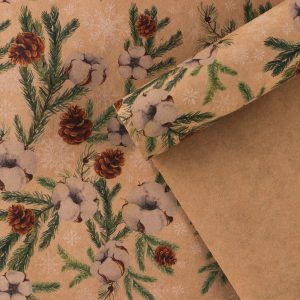 Бумага упаковочная крафтовая "Шишки и хлопок" 70*100 см.