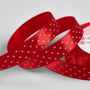 Лента атласная 1,5 см., 25 м., красная, «Сердечки»