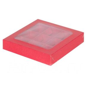 Коробка на 9 конфет с окном, красная матовая.