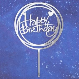 Топпер акриловый серебряный Happy Birthday, круг.