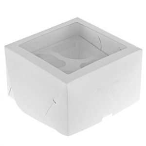 Коробка на 4 капкейка с квадратным окном белая 16*16*10 см.