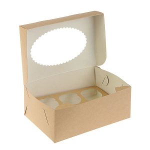 Коробка на 6 капкейков с окном (ромашка) крафт/белая 25*17*10 см.