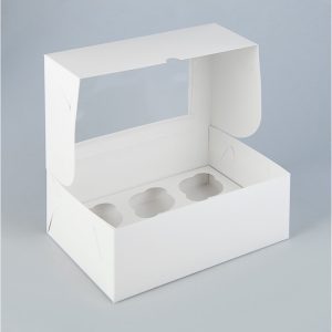 Коробка на 6 капкейков с прямоугольным окном, белая, 25*17*10 см.
