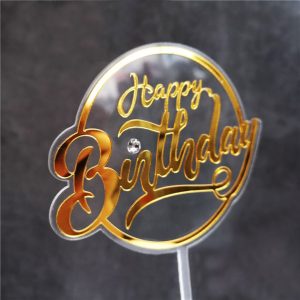 Топпер с алмазом акриловый прозрачный Happy Birthday, с золотой надписью