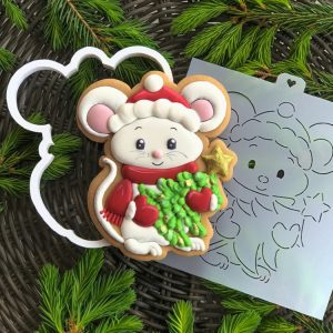 Вырубка пластиковая + трафарет "Новогодняя мышка", высота 13,5 см.