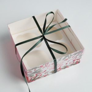 Коробка для  4 капкейков  «С Новым годом!», 16×16×7.5 см