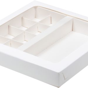 Коробка для 8 конфет и плитки шоколада с окном, белая.