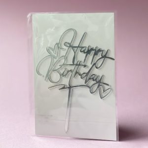 Топпер акриловый "Happy Birthday" серебряный с сердечками