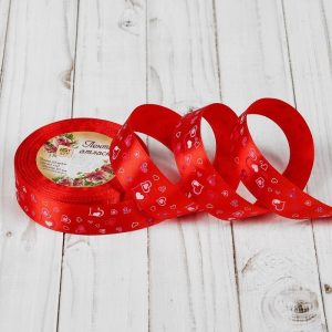 Лента атласная "Сердца", 15 мм.*23м., красная