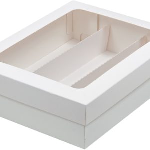 Коробка для макарон с прямоугольным окном, с разделителем на 3 ряда, 21*16,5*5,5 см. белая