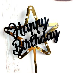 Топпер звезда акриловый "Happy Birthday" черно-золотой