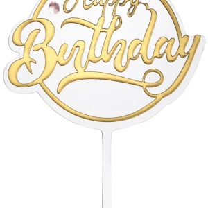 Топпер с алмазом «Happy Birthday» белый с золотой надписью