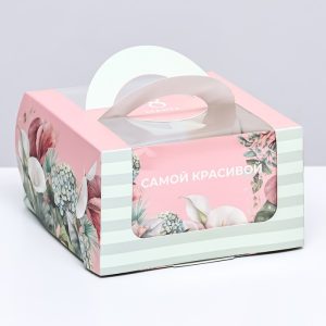 Коробка под бенто - торт с окном «С 8 марта!», 14×14×8 см