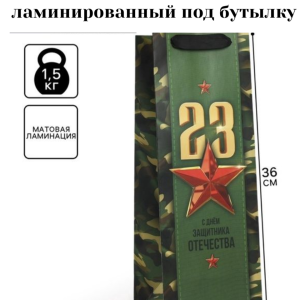 Пакет подарочный ламинированный под бутылку,  «С 23 февраля», 13×36×10 см
