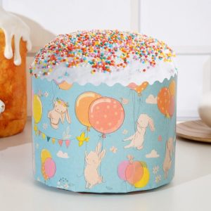 Форма бумажная для кулича 300 гр. "Зайцы на шарах " 110*85 мм.