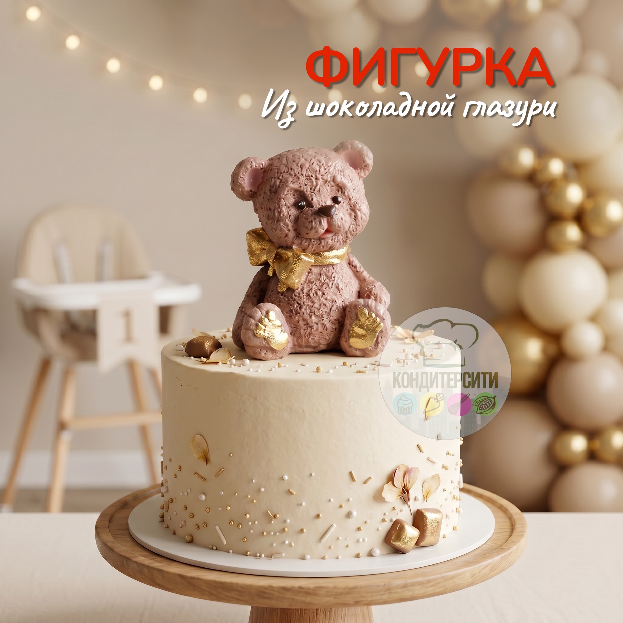 Фигурка из шоколадной глазури «Пудровый мишка с бантиком»